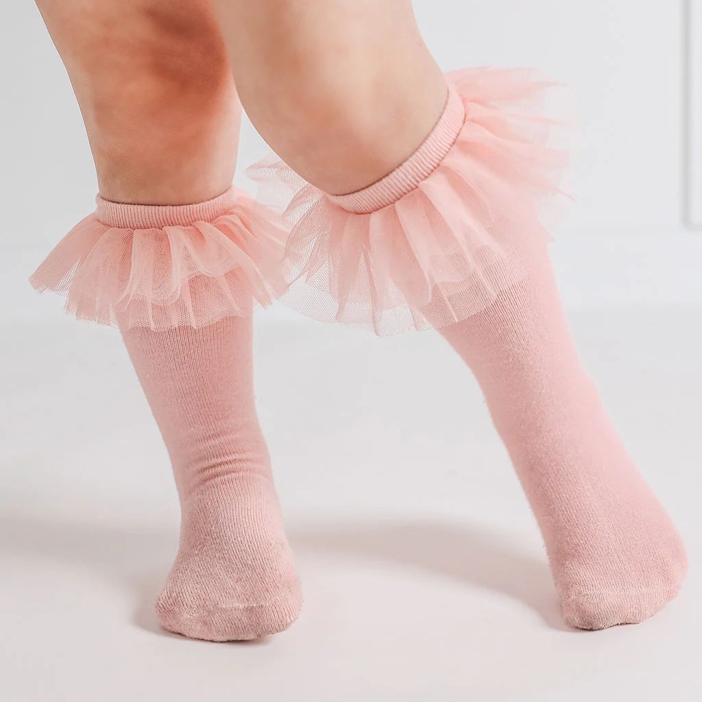 Solid Pink Baby Girl Tulle Knee High Socks | Starry Pink | Posh Peanut