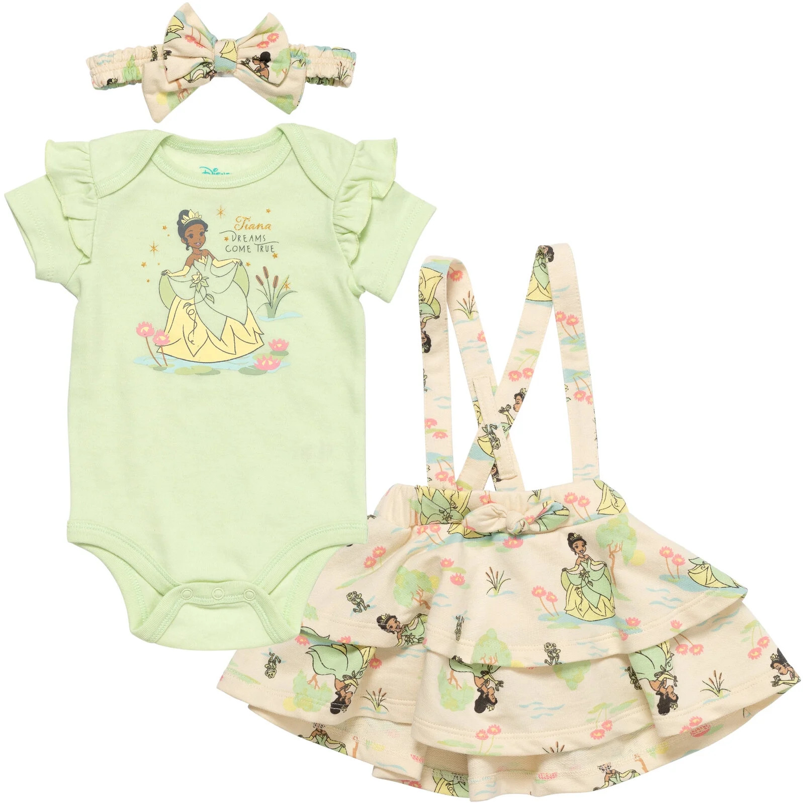Disney Princess Tiana Newborn Baby Girls French Terry Bodysuit Jumper and Headband 3 Piece Outfit... | Walmart (US)