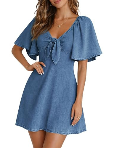 BISUAL Womens Denim Dress Bow Tie V Neck Flutter Sleeve Summer Casual Jean Dresses 2026 Western Outfits Blue | Amazon (US)