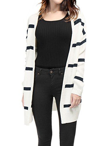 Allegra K Ladies Stripes Front Opening Knit Tunic Cardigan M White | Amazon (US)