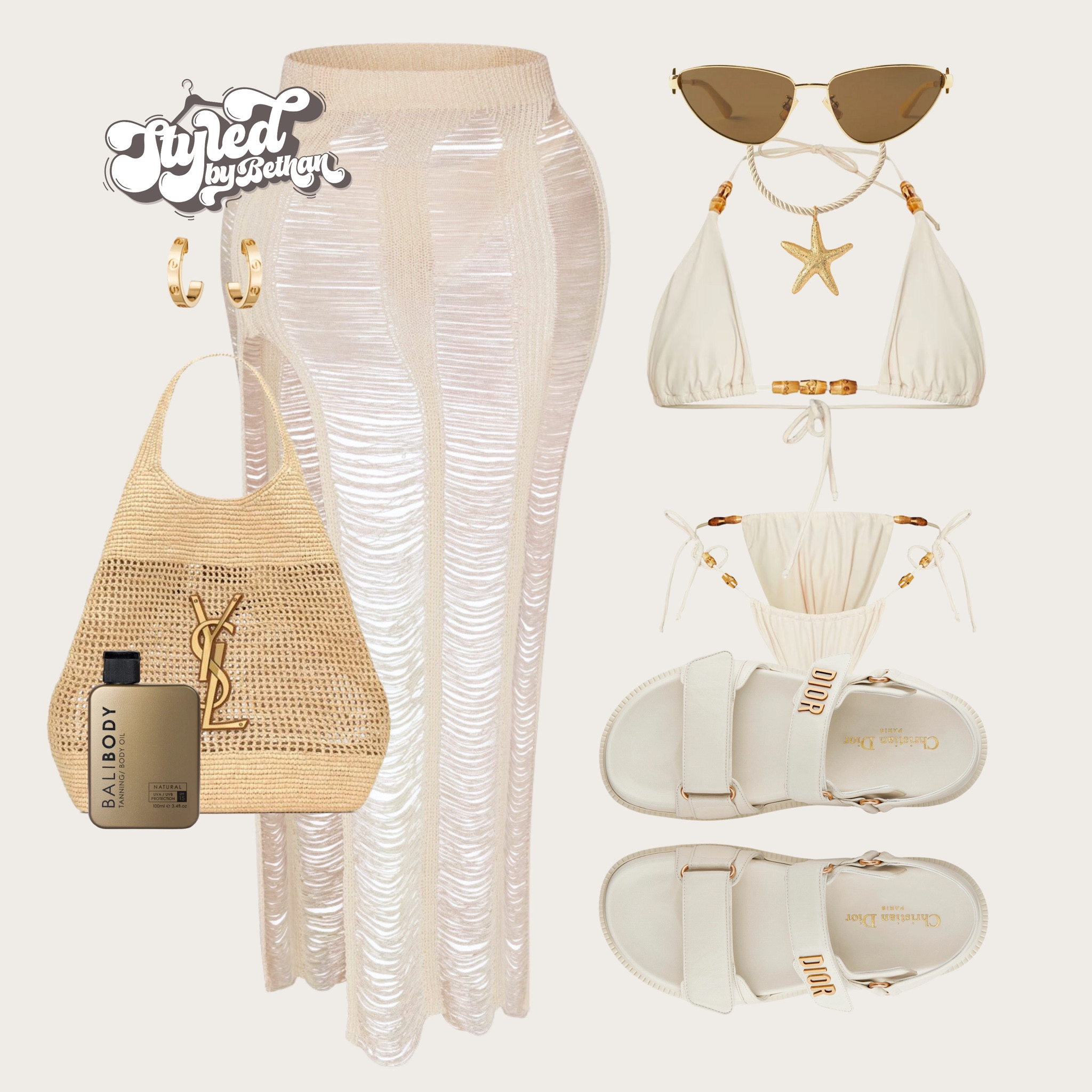 🪐🪐🪐 tags: pretty little thing creak bikini and beige crochet maxi skirt, botegga brown sunglasses. Shein starfish necklace, Dior cream leather sandals, ysl beach bag, gold hoop earrings. Summer vacation swimwear outfit inspiration inspo for beach day poor party beach club yacht day Ibiza Marbella. 

#LTKswimwear #LTKstyletip #LTKsummer
