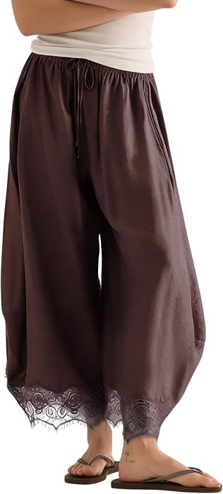 Lviefent Womens Cropped Lace Hem Pants Casual Drawstring Waist Summer Wide Leg Pants Beach Trousers with Pockets | Amazon (US)