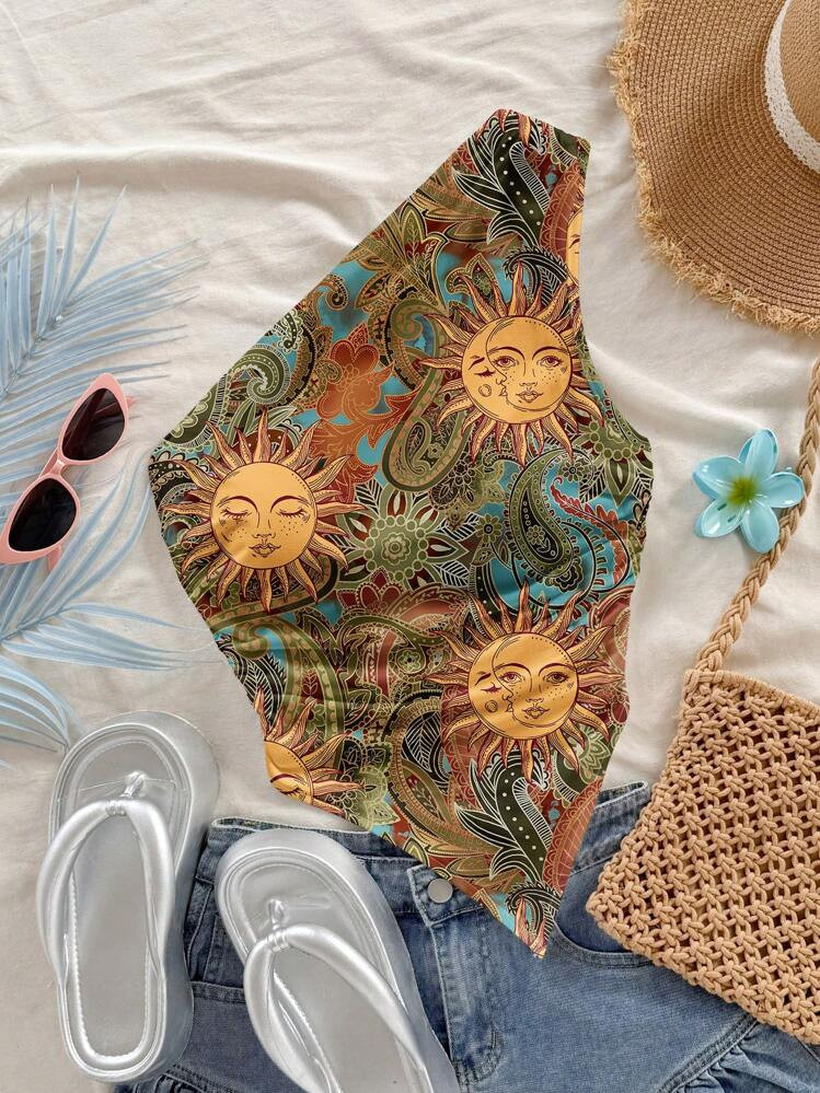 Soleia Summer Vacation Style Green Retro Golden Sun Paisley Pattern Women Oblique Shoulder Asymme... | SHEIN