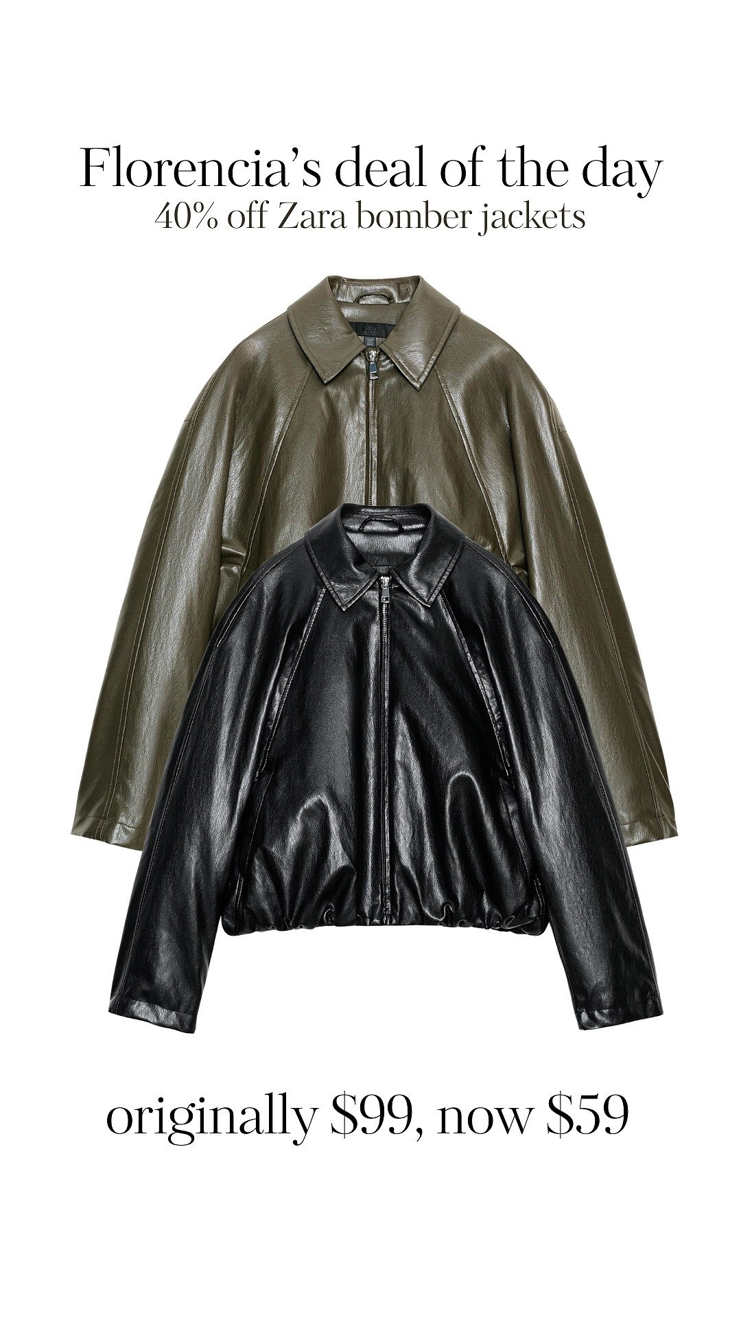 Good afternoon ladies!!🤩🤩🖤 and happy Wednesday!

Today’s deal of the day is a great one- I’ve been scouring the zara website for great basics on sale-

This bomber is super popular & has been seen on tons of fashionistas, my fave bloggers🤩🤩🙌🏽

It comes in green and black, so cute with laid back tomboy vibes for the daytime- and all black vibes at night! Plus 40% off never hurt🥳🥳🥳

#LTKSaleAlert #LTKNYFW #LTKdayinmylife