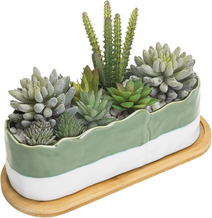 MyGift 11-Inch White & Green Rough Edged Glazed Ceramic Planter with Bamboo Tray | Amazon (US)