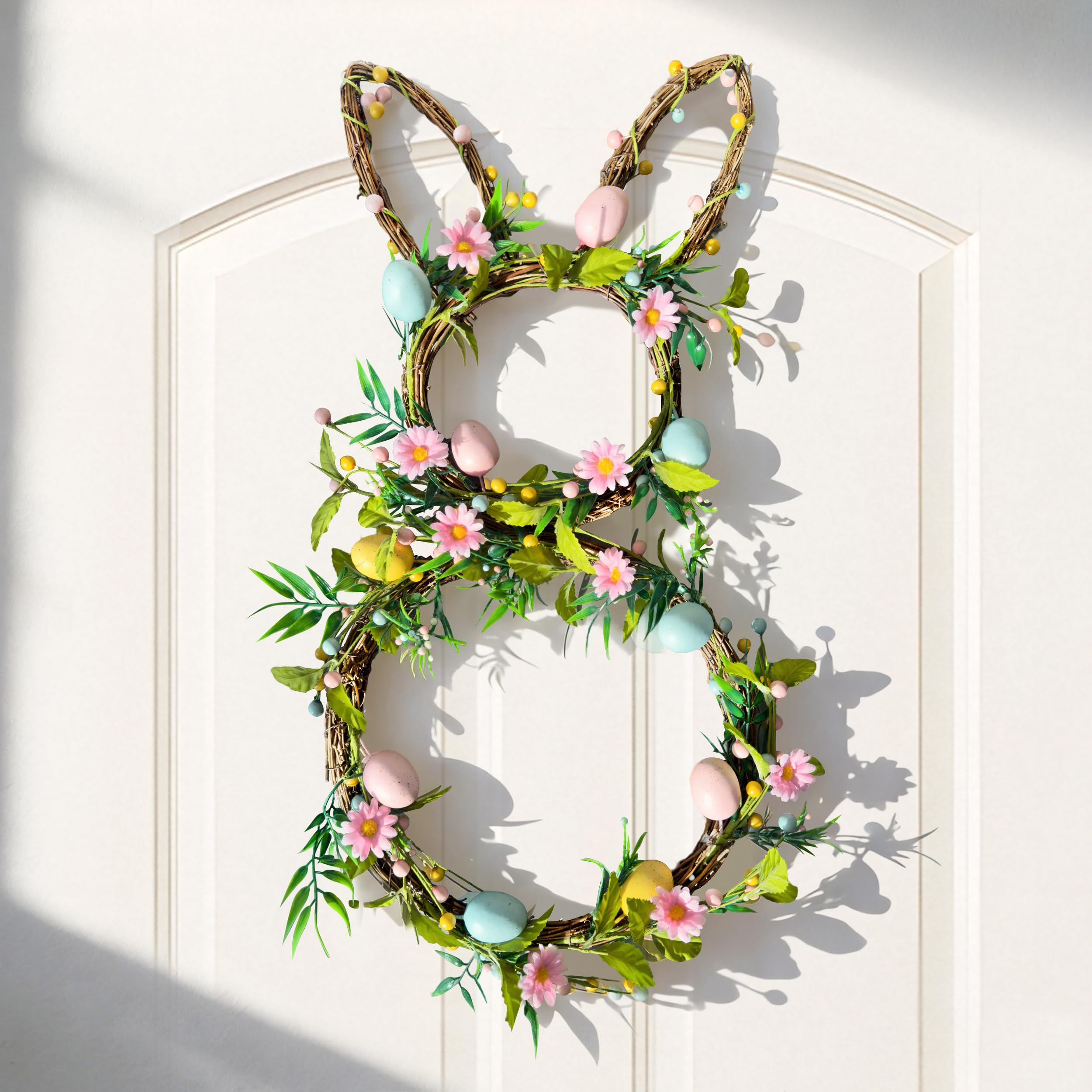 27" Easter Bunny Wreaths for Front Door, Easter Rattan Rabbit Decor with Eggs and Flowers, Spring... | Amazon (US)