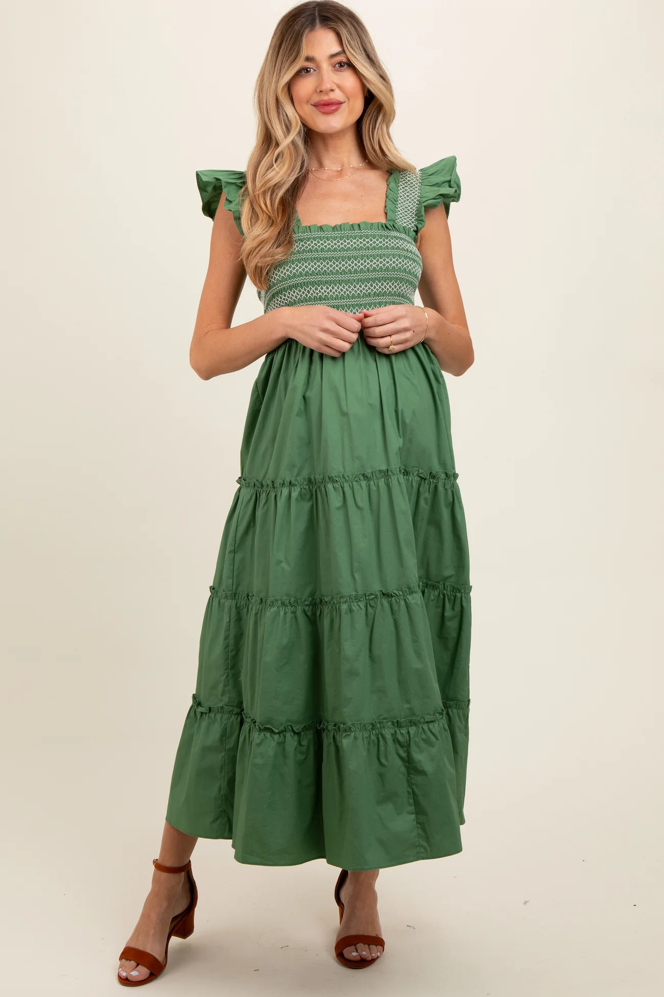 Green Embroidered Smocked Maternity Midi Dress | PinkBlush Maternity