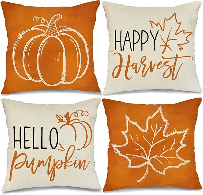 Fall Pillow Covers 18x18 Set of 4 for Fall Decor Pumpkin Maple Leaves Happy Harvest Outdoor Fall ... | Amazon (US)