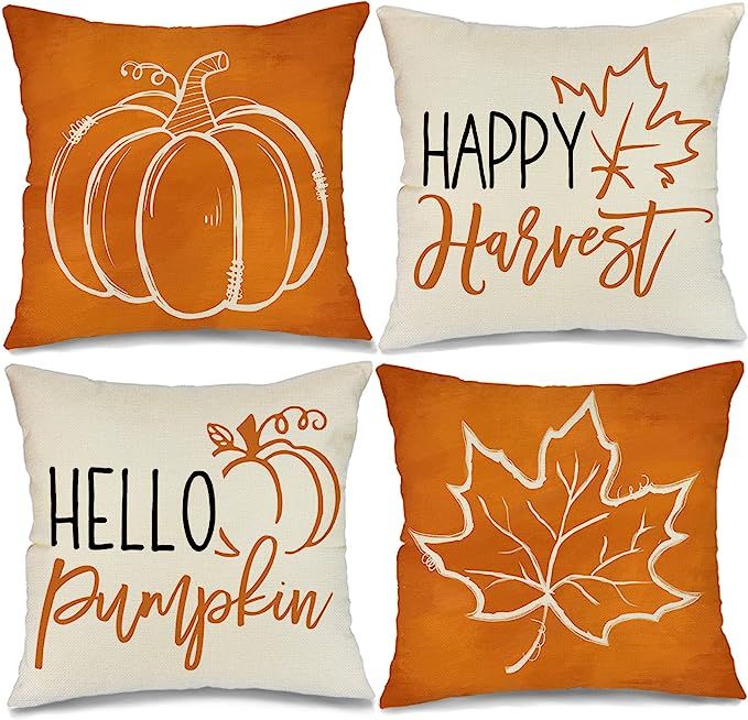 Fall Pillow Covers 18x18 Set of 4 for Fall Decor Pumpkin Maple Leaves Happy Harvest Outdoor Fall ... | Amazon (US)