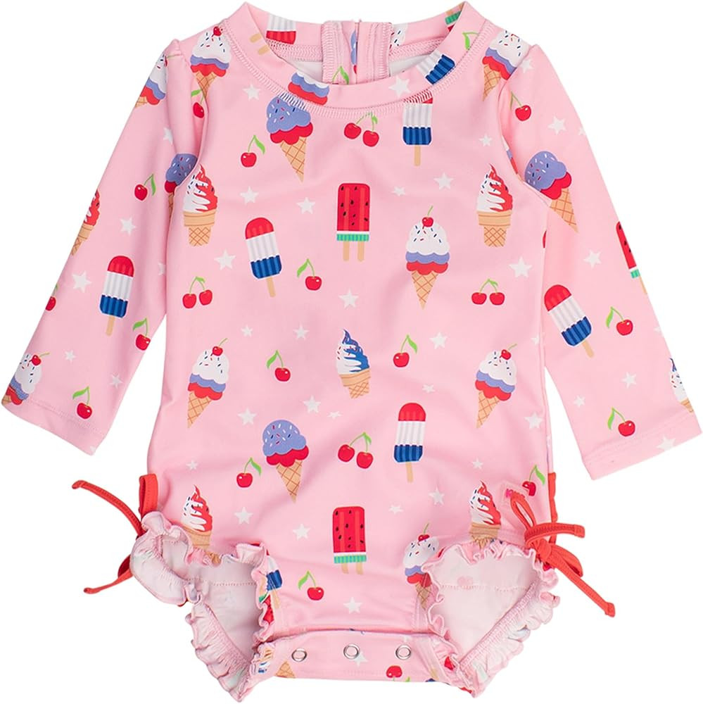 RuffleButts Baby Girls UPF 50+ Sun Protection Novelty Print Long Sleeve One Piece Rash Guard Swim... | Amazon (US)