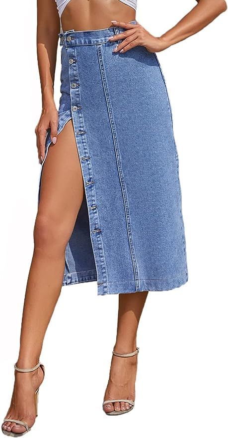 MsavigVice Denim Skirts for Women with Pockets Frayed Raw Hem Stretch Waist Washed Slim Casual Lo... | Amazon (US)