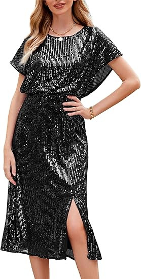 JASAMBAC Sequin Dress for Women Short Sleeve Sparkly Glitter Dresses Slit Elastic Waist Cocktail ... | Amazon (US)