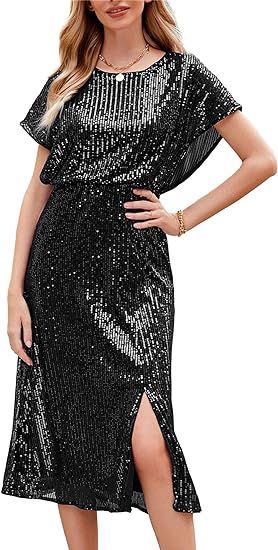 JASAMBAC Sequin Dress for Women Short Sleeve Sparkly Glitter Dresses Slit Elastic Waist Cocktail ... | Amazon (US)