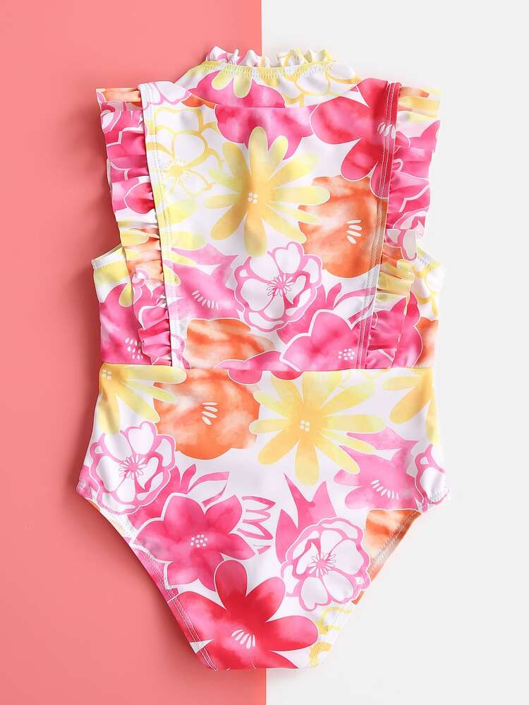 Toddler Girls Floral Print Ruffle Trim One Piece Swimsuit | SHEIN