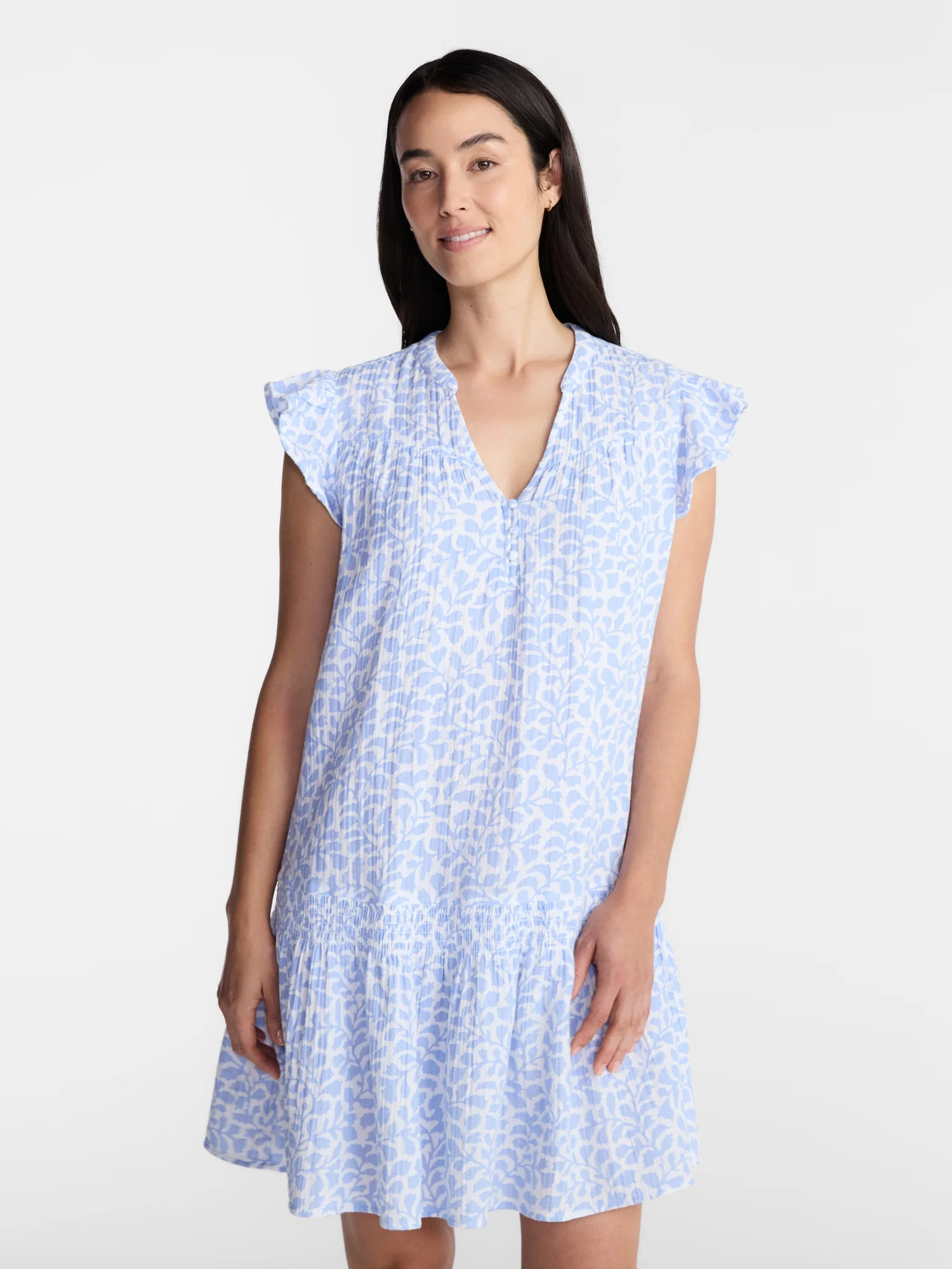 Time and Tru Women's Double Cloth Mini Dress with Flutter Sleeves, Sizes XS-XXXL | Walmart (US)