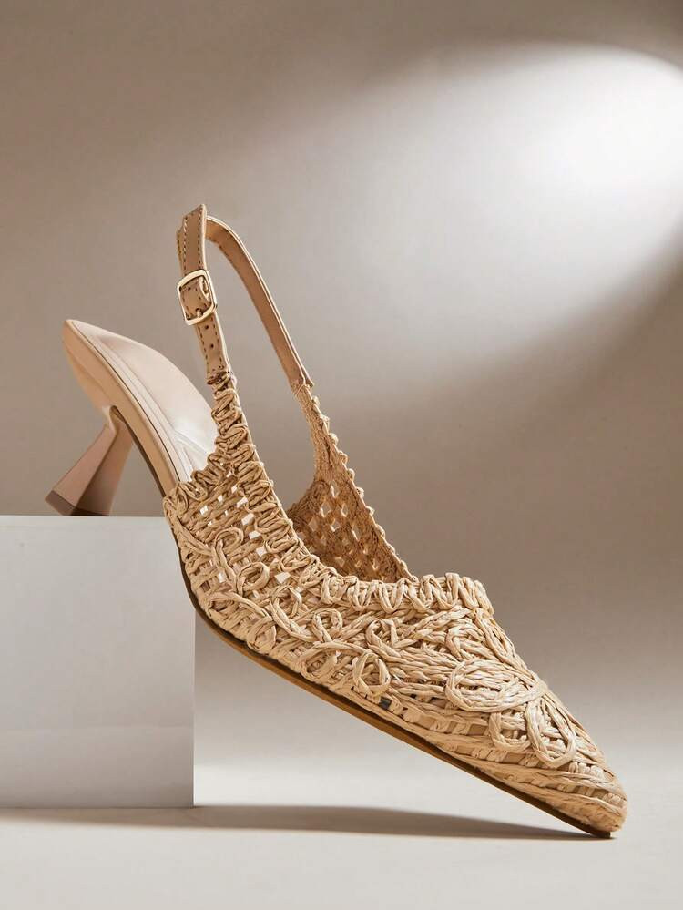 SHUZIA Bombas De Tacón Con Punta Afilada Y Correa Trasera De Rafia Para Mujer - Elegantes, Tejidas A Mano Y Listas Para Las Vacaciones. Día De San Valentín | SHEIN