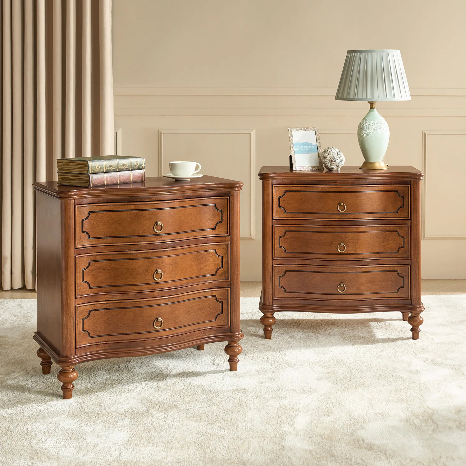 Elfine 28'' W Traditional Curves Nightstand with Charging Station and Solid Wood Legs (Set of 2) ... | Wayfair North America