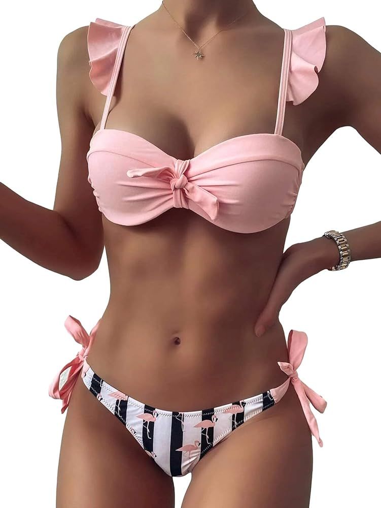 Lilosy Cute Flamingo Striped Side Tie Ruffle Strap Knotted Front Bikini Swimsuit Set Women Tie Ba... | Amazon (US)