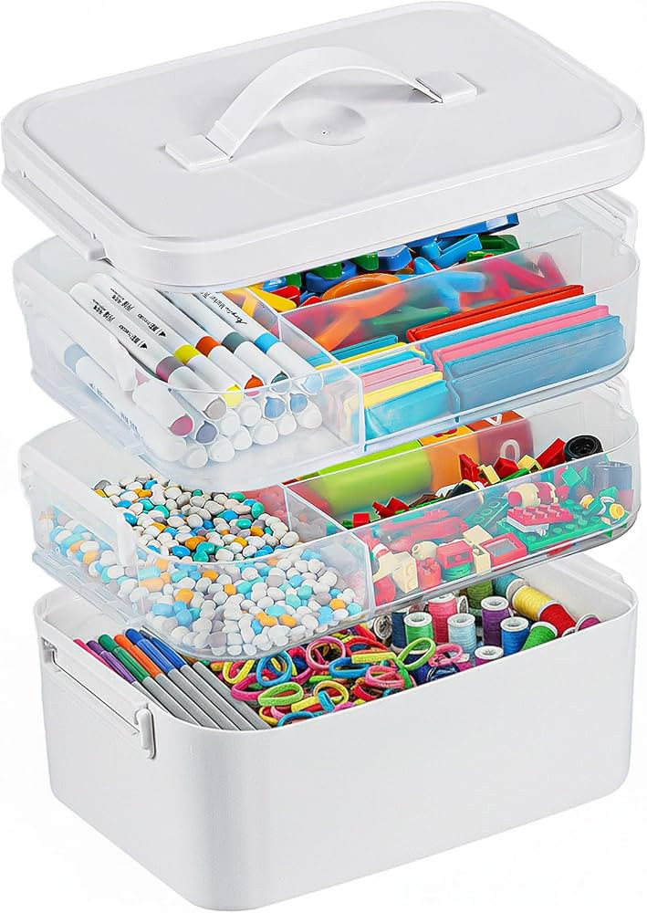 3-Layer Plastic Craft Organizers and Storage Box with Removable Trays, Storage Containers with li... | Amazon (US)
