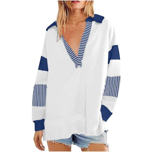 Free People Sweatshirt, Free People Inspired, Crewneck Sweatshirts Women, Oversized Sweaters for Women, Womens Oversized Sweatshirts 2024 Fall Color Block V Neck Loose Fit Pullover Tops White,XX-Large | Amazon (US)
