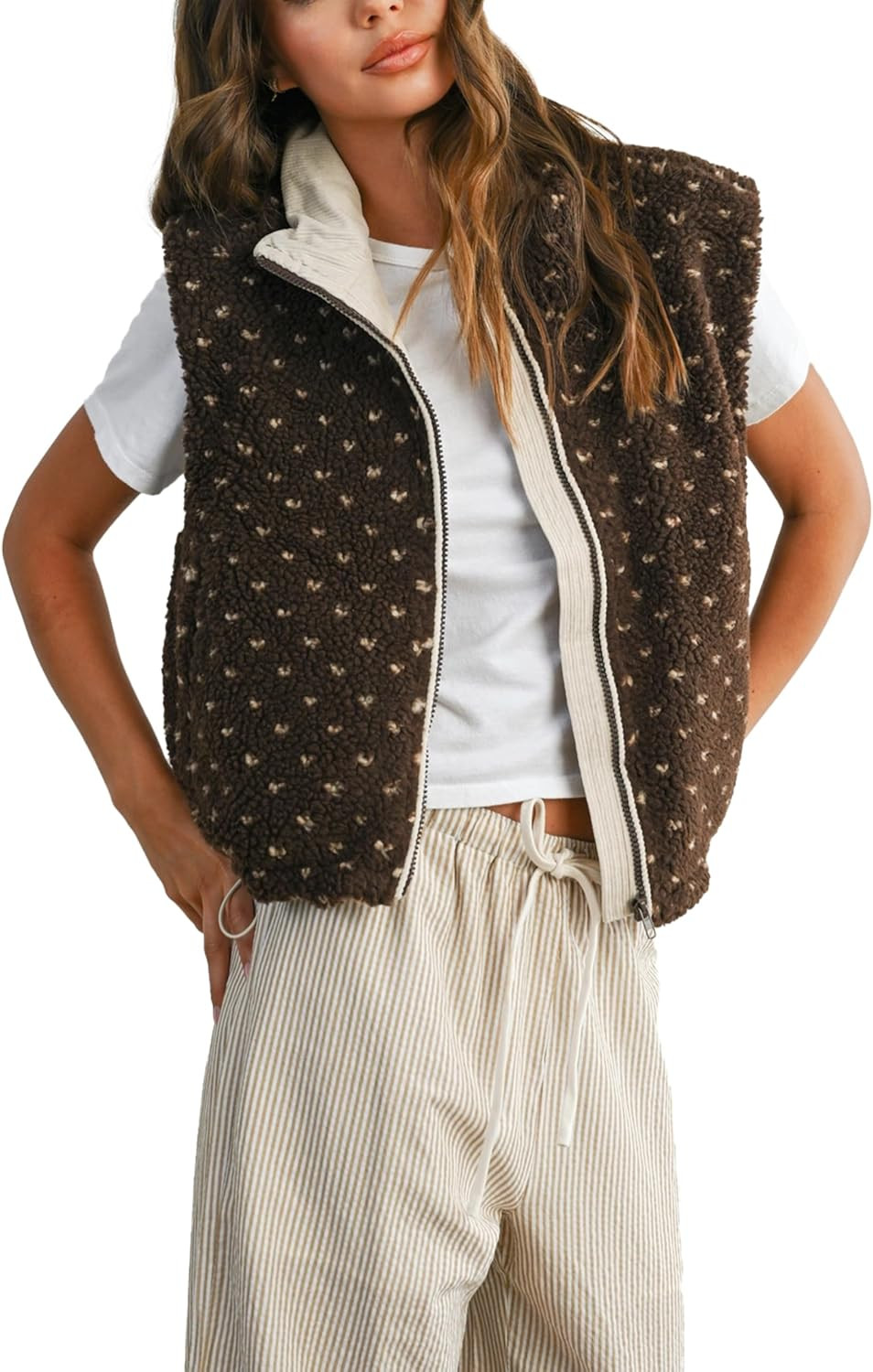 Fuzzy Fleece Vest Women Casual Sleeveless Polka Dots Sherpa Jacket Trendy Gilet Winter Outerwear with Pockets | Amazon (US)