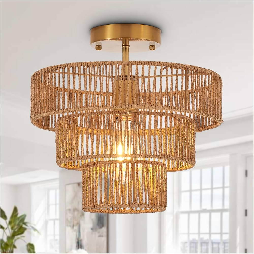 Hand-Woven Rattan Semi Flush Mount Ceiling Light Fixture Vintage Farmhouse Boho 12.6" Bamboo Ceil... | Amazon (US)