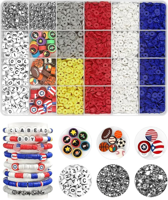 ClaBead Bracelet Making Kit for Boys, 3200Pcs Boy Bracelet Making Kit with Red White and Blue Cla... | Amazon (US)
