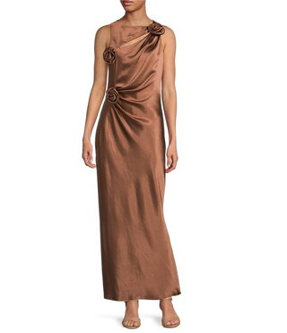 Gianni Bini Cheyanne Satin 3D Rosettes Cutout Round Neck Sleeveless Ruched Slip Maxi Dress | Dill... | Dillard's