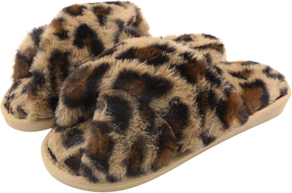 Fuzzy Slippers for Women, Cross Band Faux Furry Slippers Warm Slide Flat House Slippers Sandals L... | Amazon (US)