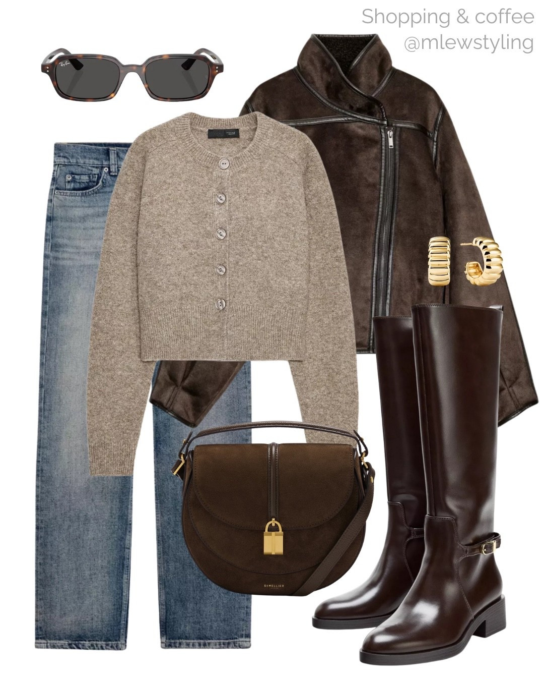 Autumn outfit for shopping and coffee 🤎🍂

Tags: new in Zara cardigan sweater, straight leg jeans, faux suede jacket, riding boots, brown knee boots, DeMellier suede bag, rayban sunglasses, Mejuri gold hoop earrings, everyday fall outfit, fleece lined coat

#LTKShoeCrush #LTKSeasonal #LTKItBag