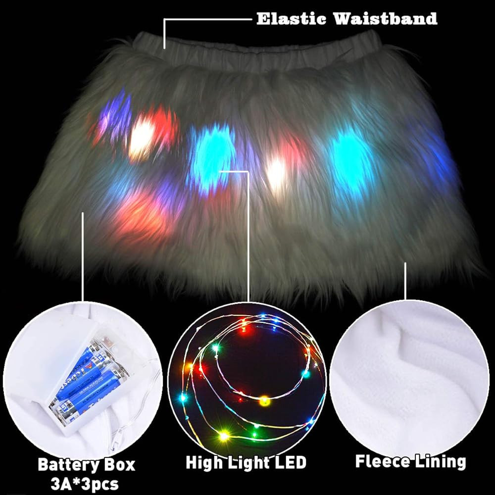 Mini Led Fur Skirt Light Up White Fluffy Tutu Outfit Short Unicorn Rave Costume | Amazon (US)