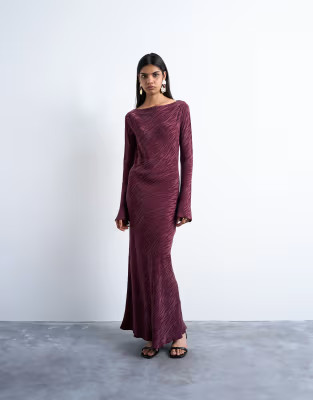 Topshop slash neck midi dress in burgundy premium cupro jacquard | ASOS (Global)