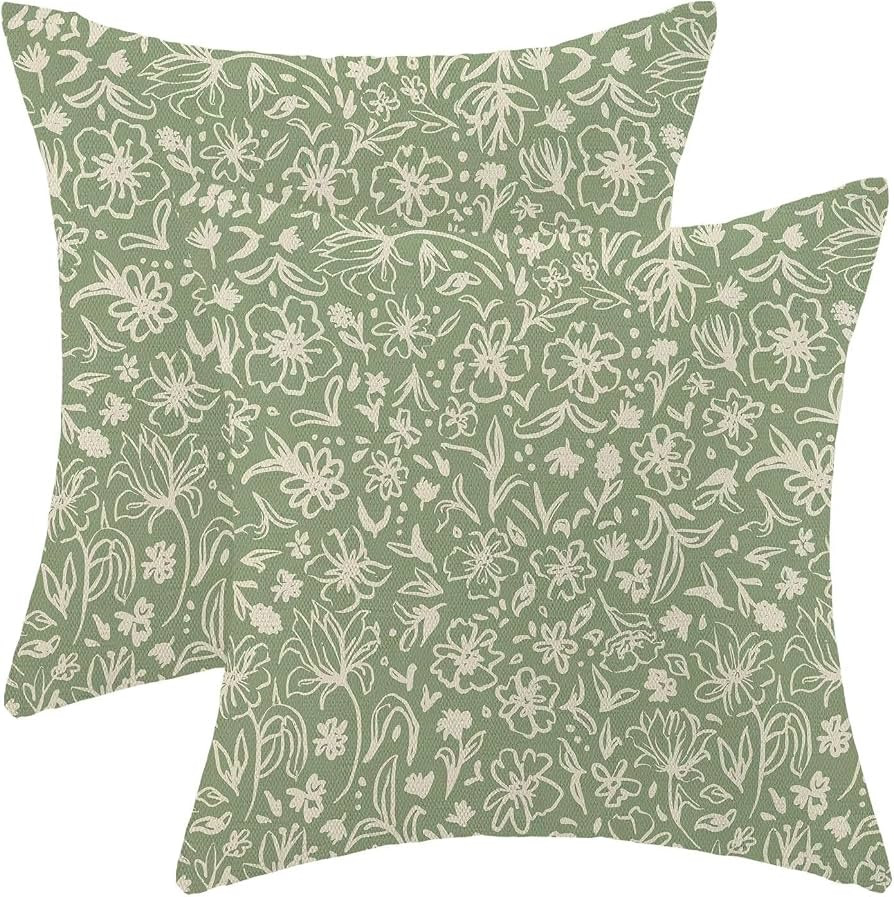 Spring Sage Green Botanical Pillow Covers 18x18 Inch Set of 2, Herbs Flower Outdoor Decorative Th... | Amazon (US)