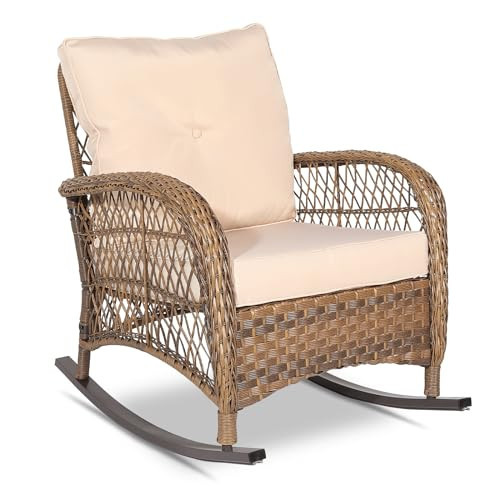 VIVIJASON Outdoor Wicker Rocking Chair, Patio Rattan Rocker Chair with Cushions & Steel Frame, All-Weather Rocking Lawn Wicker Furniture for Garden Backyard Porch (Beige) | Amazon (US)