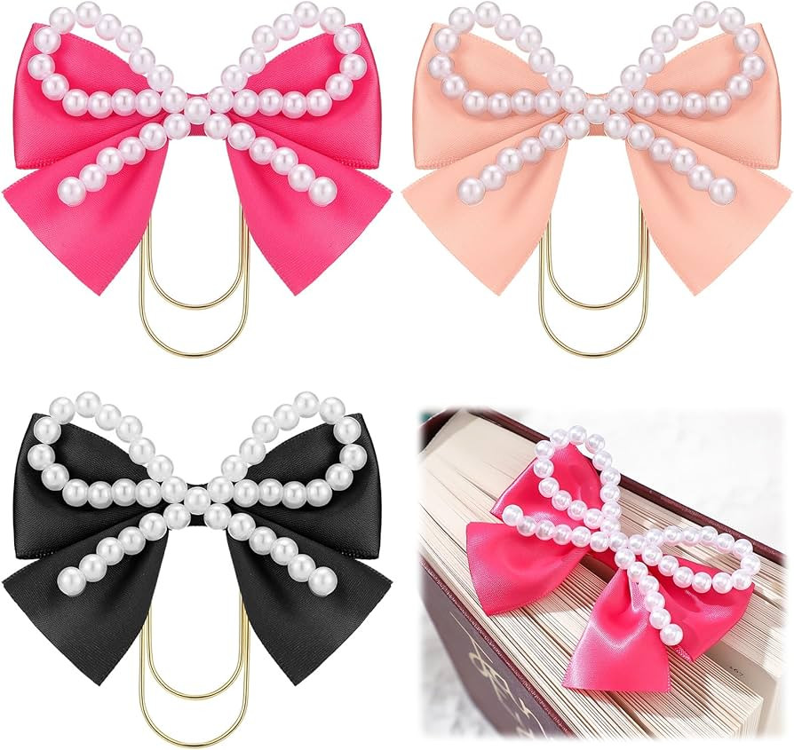 Chunful 3 Pcs Satin Bow Bookmarks with Gold Clip, Pearl Ribbon Bow Paper Page File Marker Clips G... | Amazon (US)