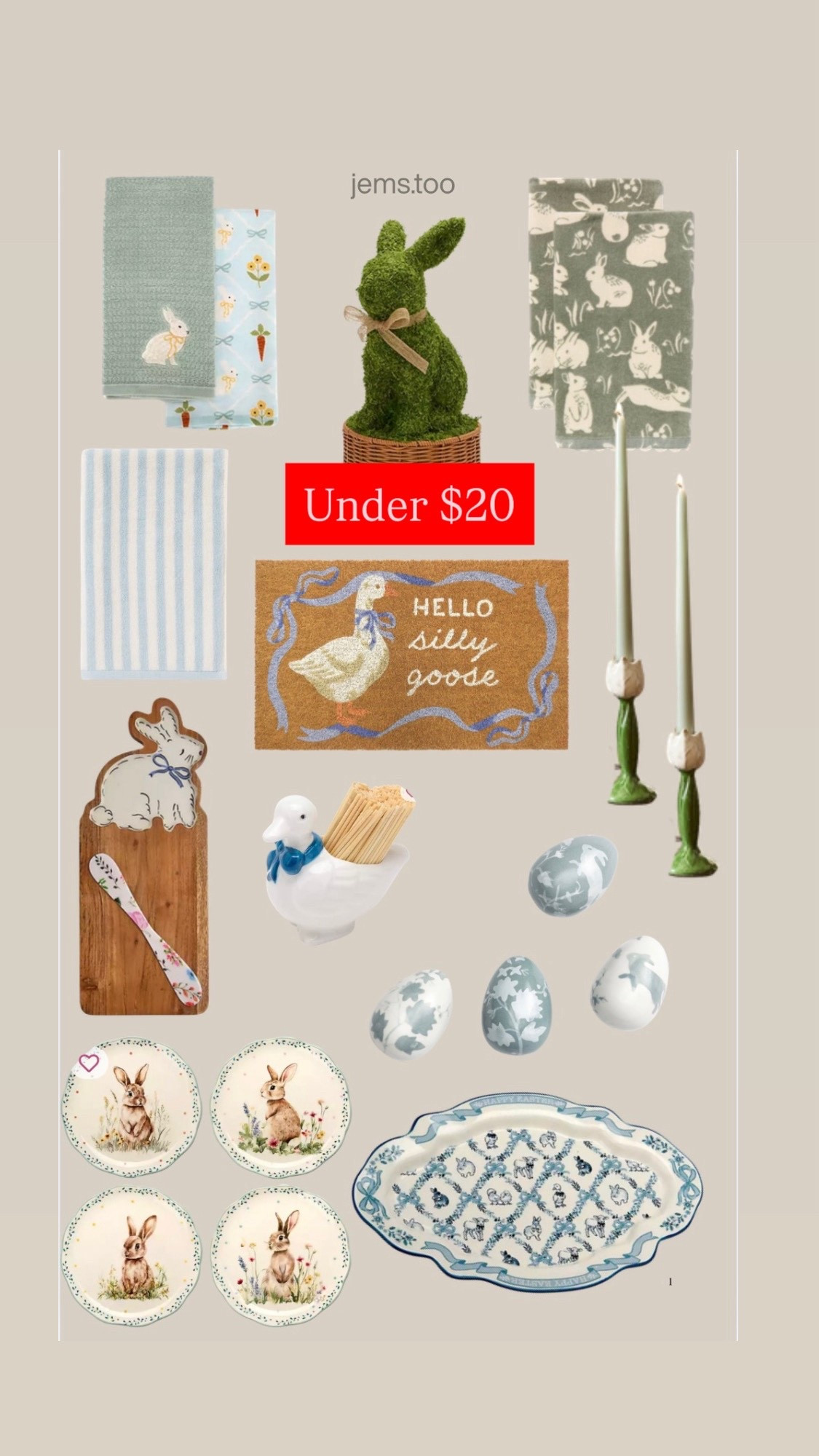 All of these spring and Easter items are under $20.
￼￼￼ Kirkland, cutting board, taper, candleholders, mat, Rug, hand towels, moss, bunny, appetizer plates, blue, and white, platter, clearance

#LTKSpringSale #LTKSaleAlert #LTKHome