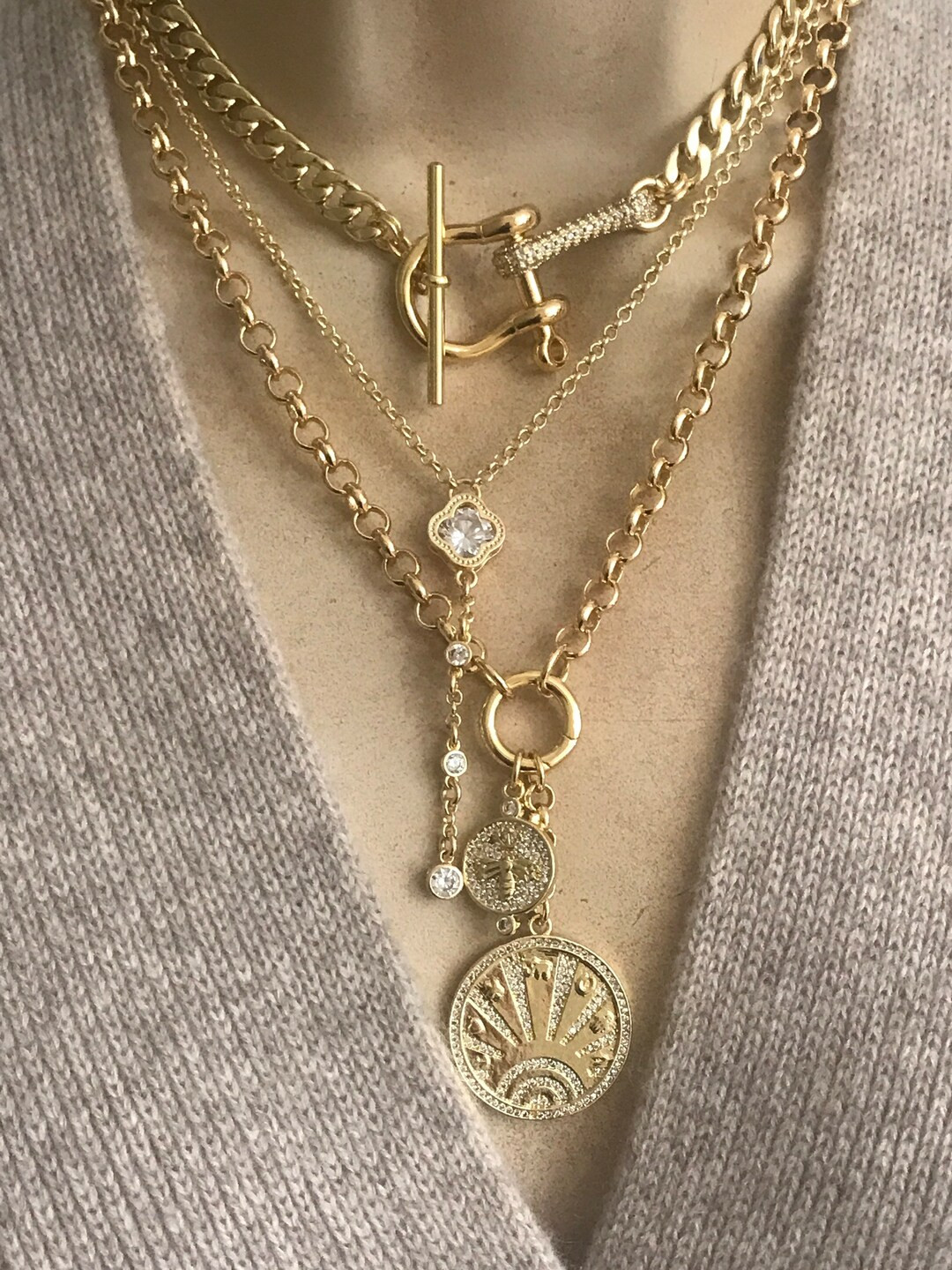 Talisman and bee double charm necklace/Equestrian curb chain/ Clover lariat | Etsy (US)
