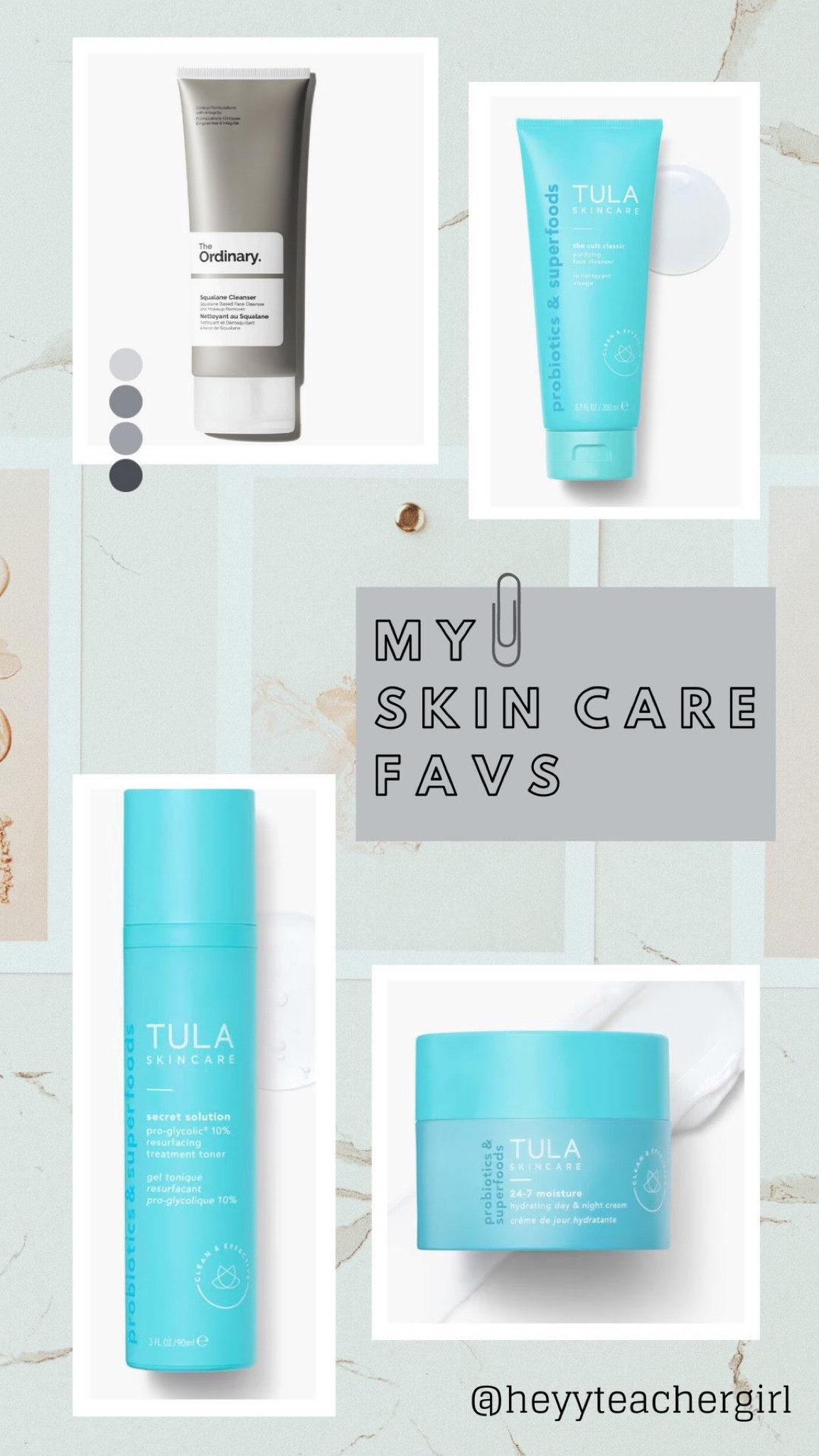 My ride or die skincare favorites!

Step 1: The Ordinary Squalane Cleanser
Step 2: Tula Purifying Cleanser
Step 3: Tula Pro-Gylcolic Toner
Step 4: Tula 24/7 Moisturizer 

#LTKunder100