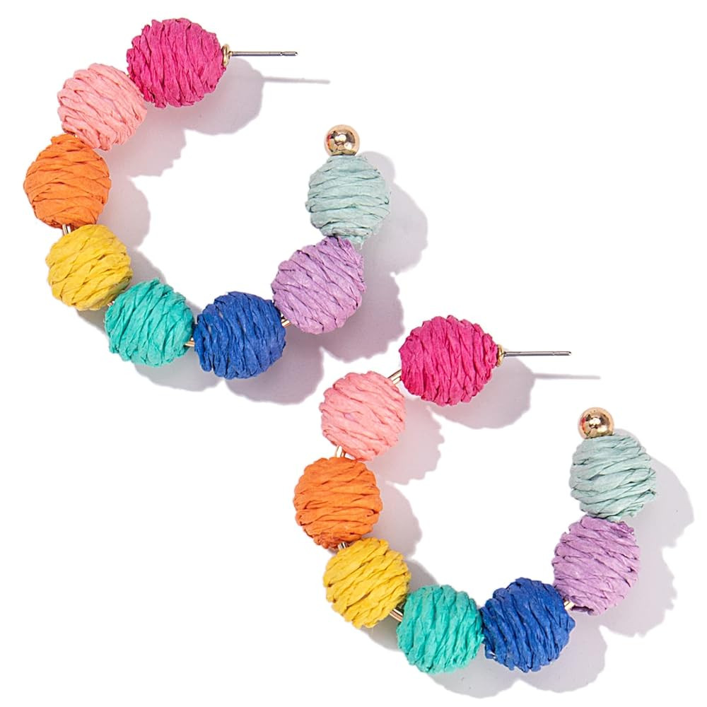 Raffia Hoop Boho Earrings - Cute Rattan Handmade Colorful Earrings for Women - Unique Summer Jewe... | Amazon (US)
