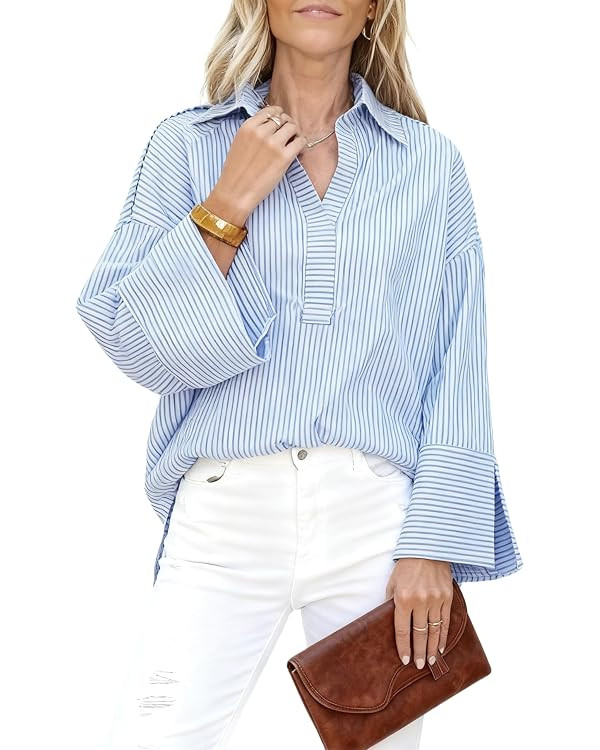 Watashi Women Button Down Shirt Casual Striped Print Dressy Henley Shirts Oversize Long Sleeve Co... | Amazon (US)