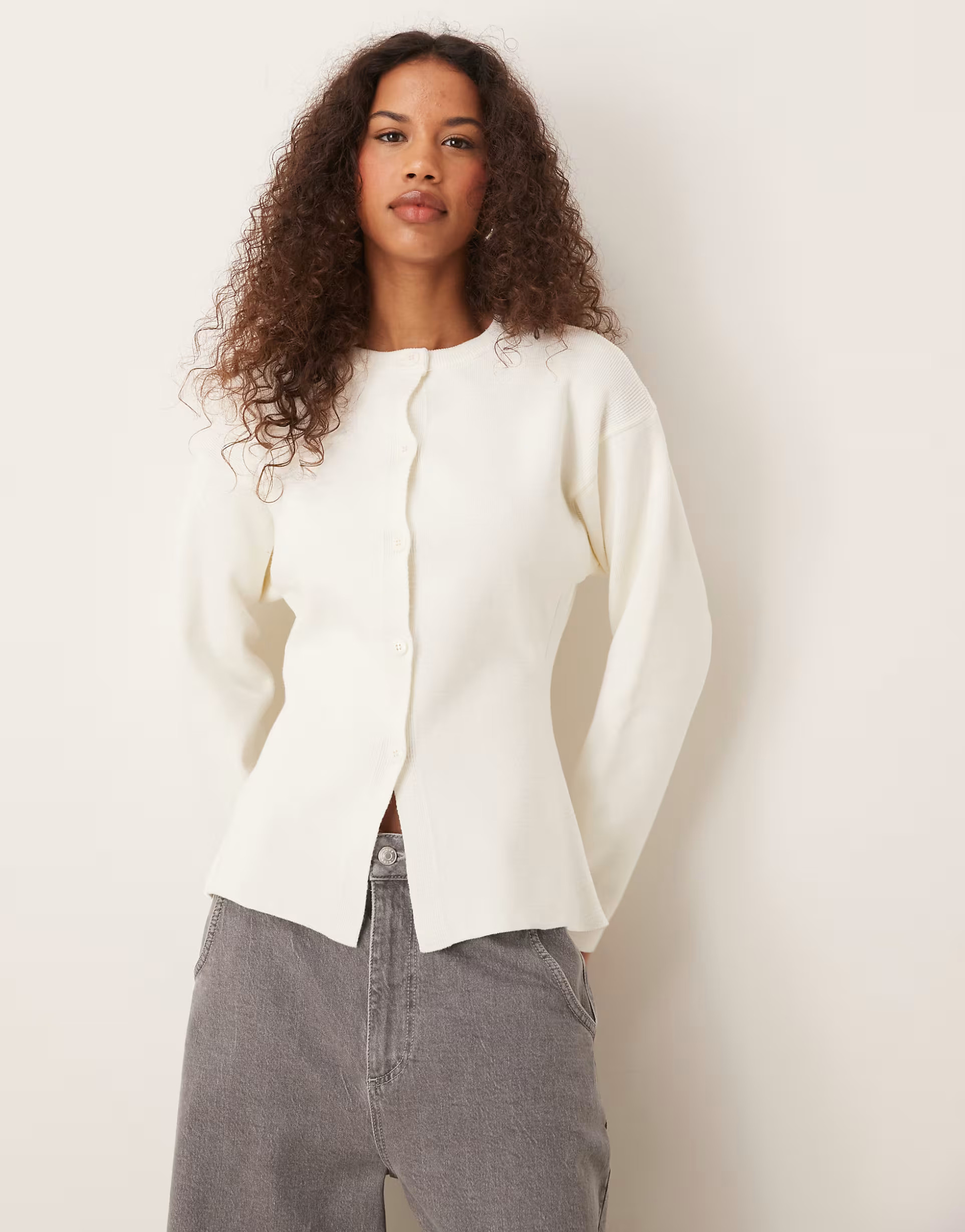 ASOS DESIGN knitted structured crew neck cardigan in cream | ASOS (Global)
