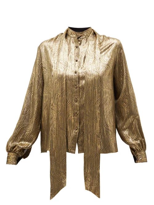 Saint Laurent - Pussy-bow Silk-blend Brocade Blouse - Womens - Gold | Matches (UK)