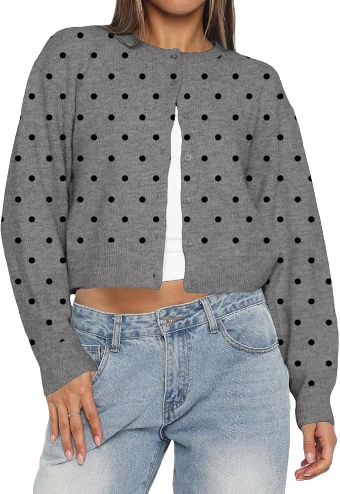 Women Y2k Polka Dot Button Up Open Front Crop Cardigan Sweater Long Sleeve Crewneck Knit Tops Cut... | Amazon (US)