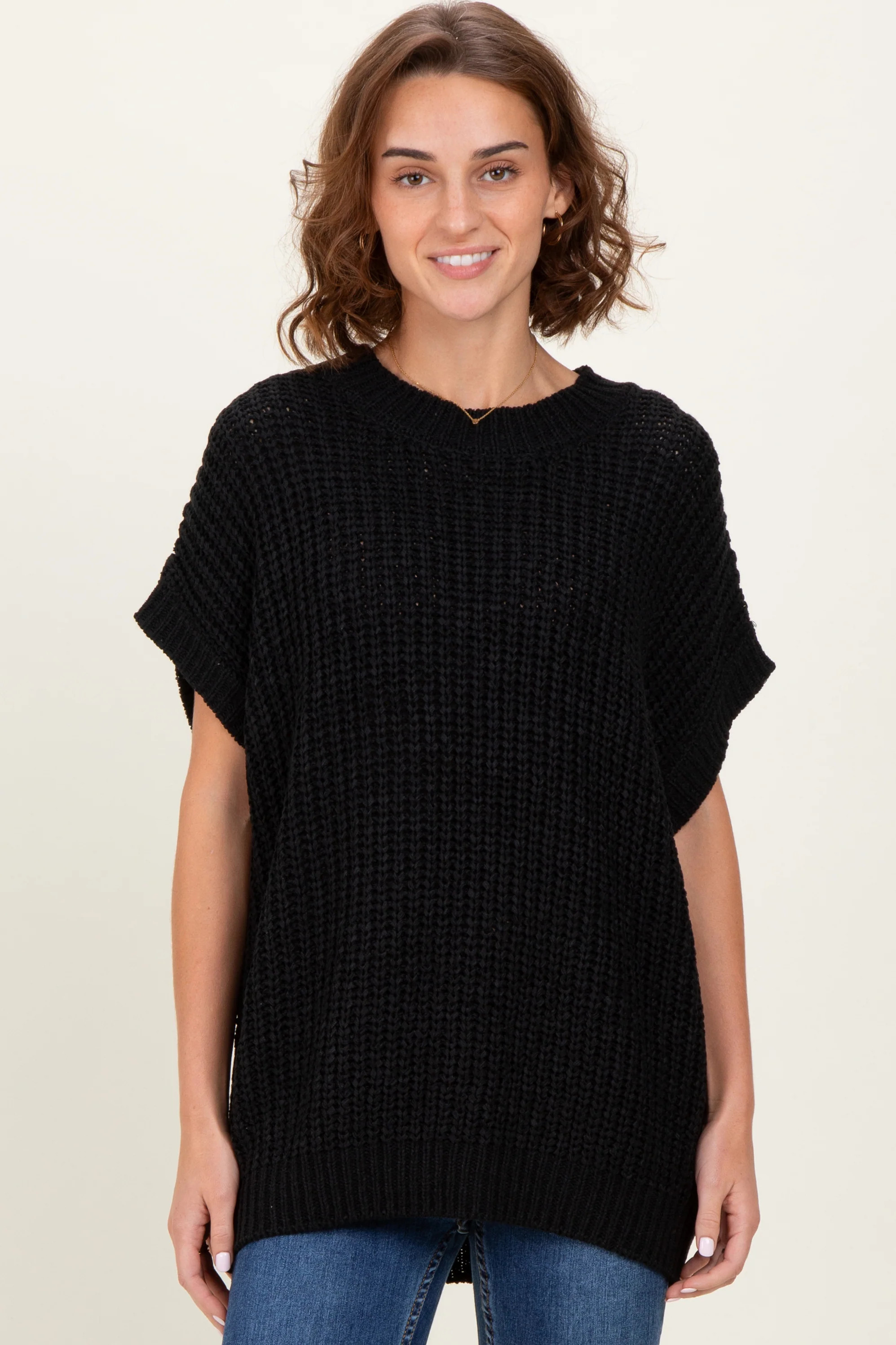 Black Short Sleeve Round Neck Sweater | PinkBlush Maternity