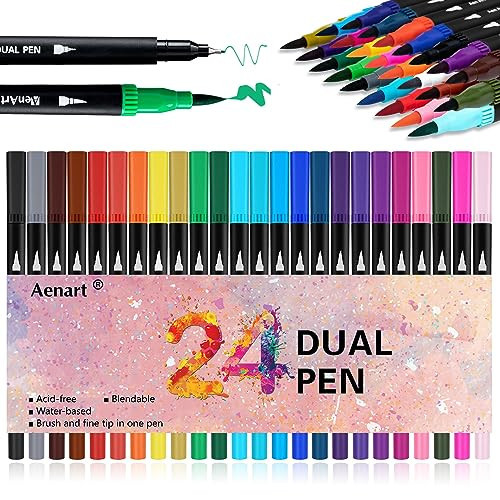 Aen Art Dual Brush Markers for Adult Coloring Books, 24 Colored Fine Point Marker Pen for Note taking Planner Hand Lettering Calligraphy Drawing Journaling | Amazon (US)