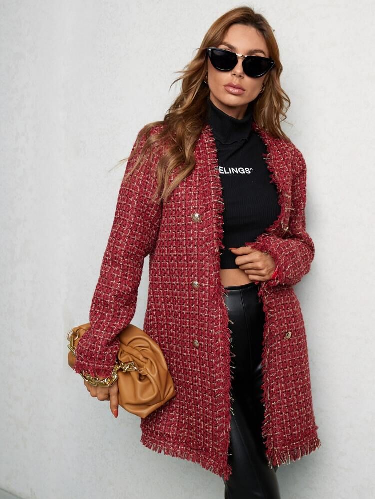 Double Breasted Raw Cut Plaid Tweed Overcoat | SHEIN