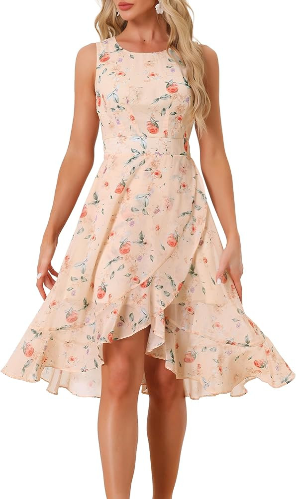 Allegra K Women's 2024 Summer Wrap Ruffle High Low Hem Round Neck Keyhole Back Sleeveless Floral ... | Amazon (US)
