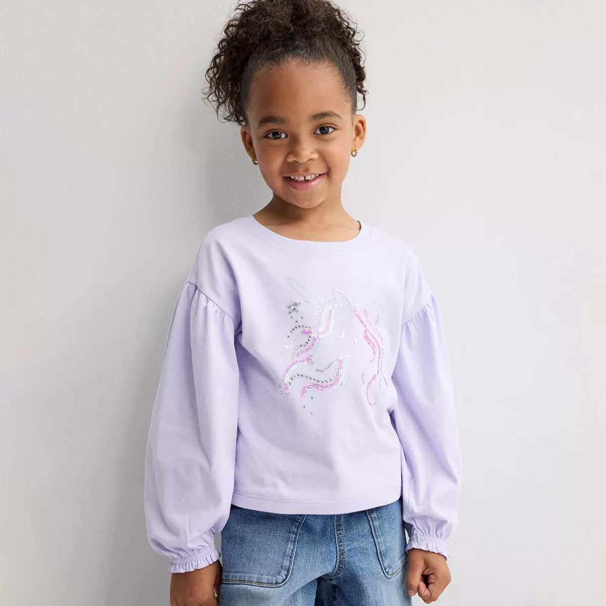 Girls 4-12 Jumping Beans® Sequin Ruffle Cuff Long Sleeve Tee, Girl's, Purple Sequin Unicorn | Kohl's
