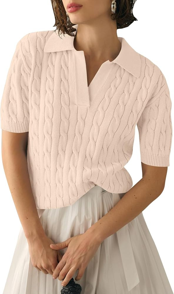 Micoson Womens Short Sleeve Sweater Tops Lapel V Neck Loose Shirts 2025 Summer Cable Knit Busines... | Amazon (US)
