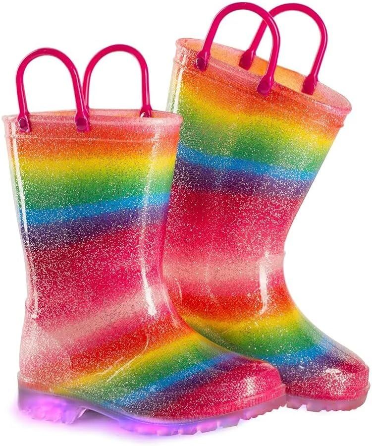 EUXTERPA Toddler Kids Glitter Light Up Waterproof Rain Boots for Girls Sparkle Rainbow Rain Shoes... | Amazon (US)